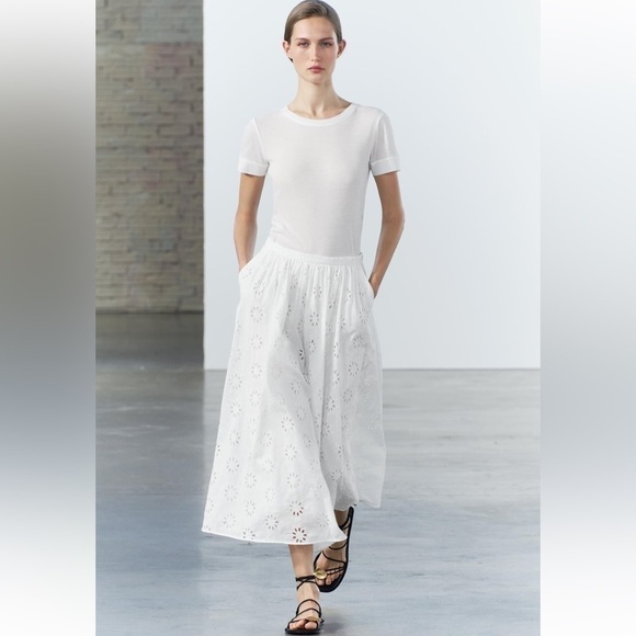 New ZARA Embroidered Eyelet Midi Skirt ZW Collection - Picture 1 of 9